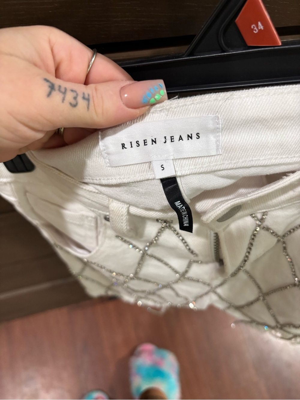 White Risen Denim Shorts with Rhinestone Fringe - Picture 2 of 3